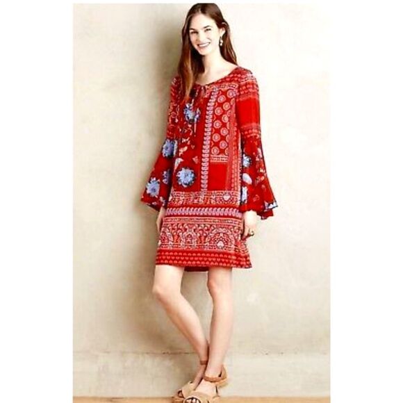 ❌Anthropologie Isabelle Red Silk Floral Bell Sleeve Shift Dress 2 - Picture 2 of 9